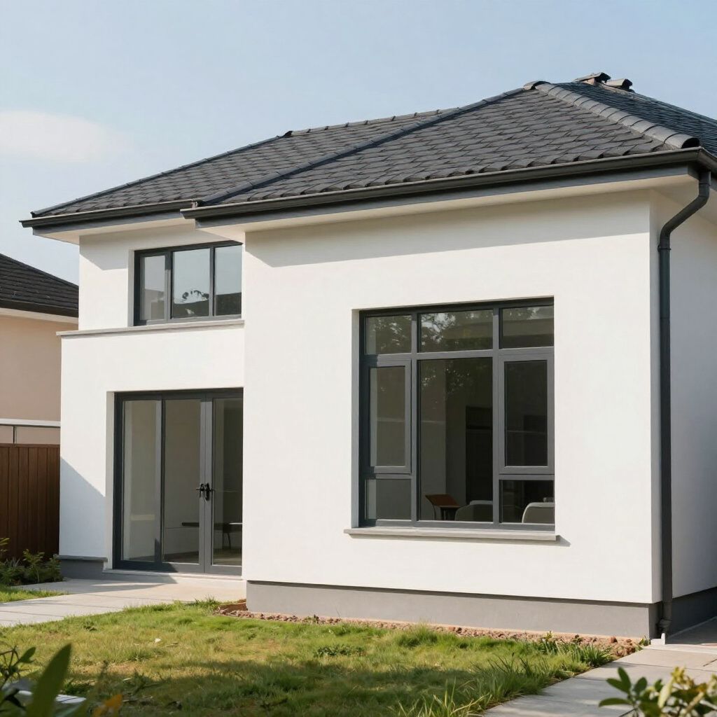 Maison blanche à deux étages avec toit et boiseries foncés, grandes fenêtres et petit jardin à l'avant.