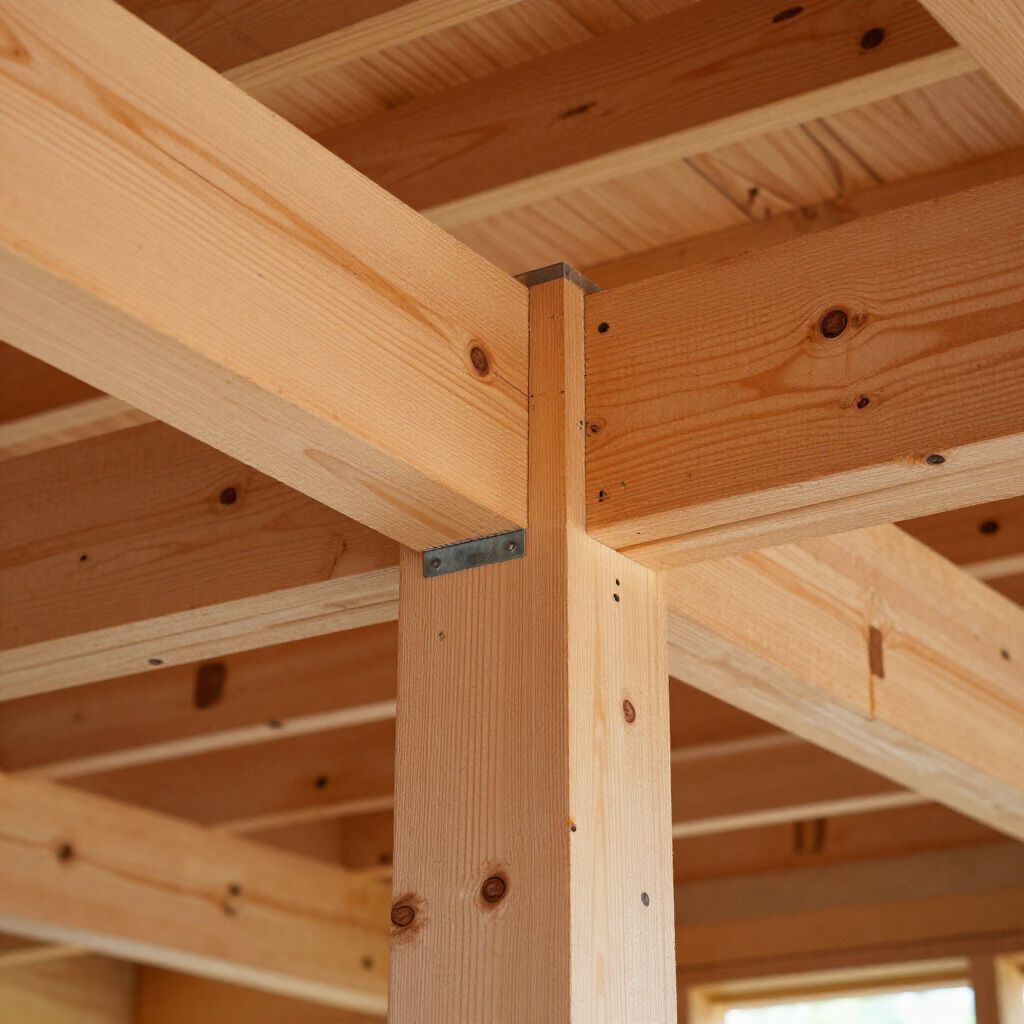 Structure en poteaux et poutres de bois formant un cadre, assemblés par des supports métalliques ; tons de bois naturel omniprésents.