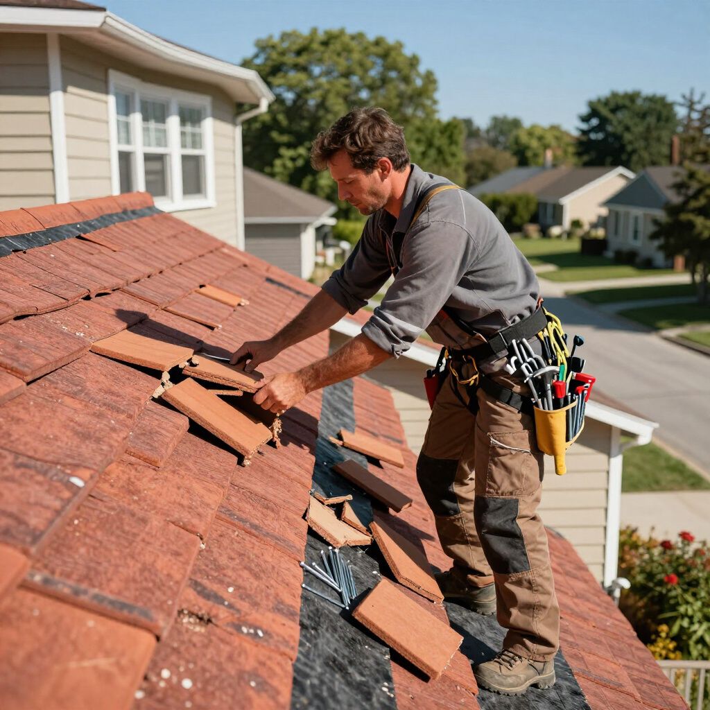 Un couvreur pose des tuiles rouges sur le toit d'une maison. Il porte un équipement de sécurité et a ses outils à la ceinture.