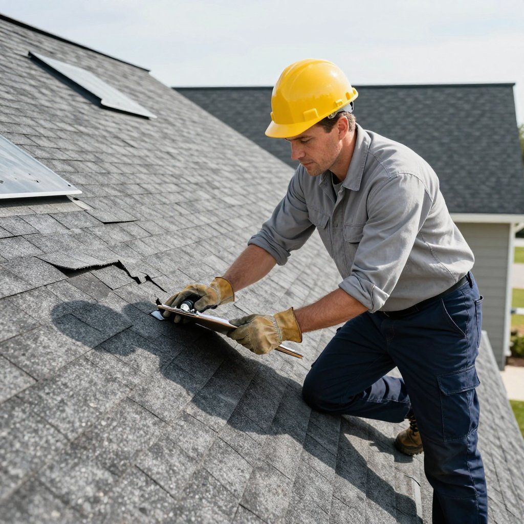 Un couvreur, casqué de jaune, inspecte les tuiles d'un toit, un bloc-notes à la main. On aperçoit le soleil, le ciel bleu et d'autres maisons.
