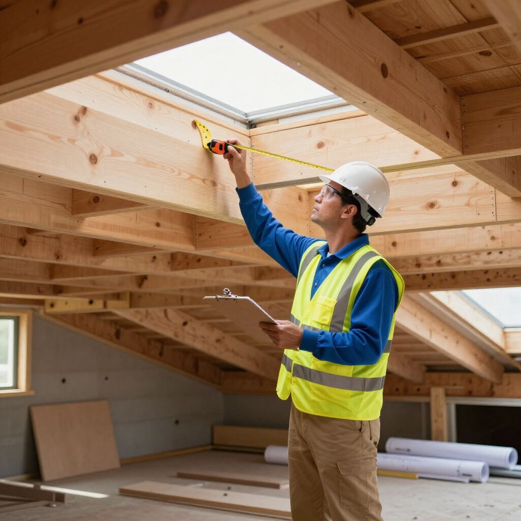Ouvrier du bâtiment mesurant une poutre en bois près d'un puits de lumière. Il porte un casque et un gilet de sécurité.