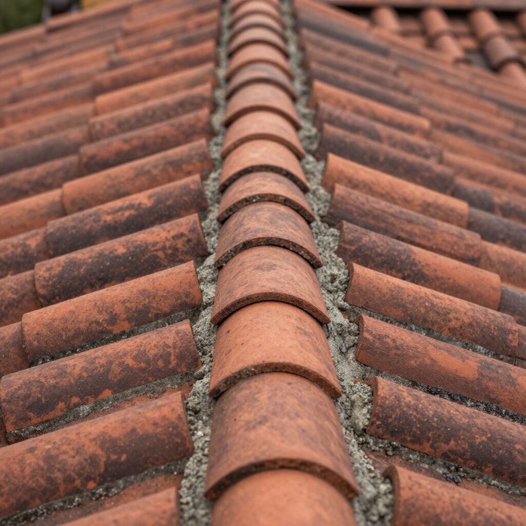 Tuiles de toit en terre cuite rouge avec faîtières arrondies, patinées par le temps, exposées à la lumière du jour.