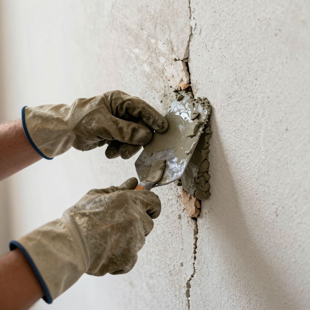 Des mains gantées appliquent du plâtre sur une fissure dans un mur à l'aide d'une truelle.
