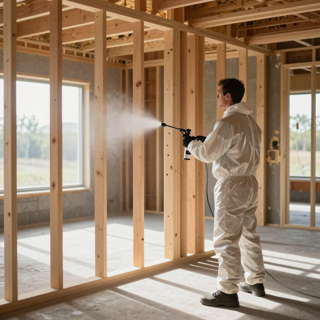 Personne en combinaison de protection pulvérisant un liquide dans un bâtiment en construction.