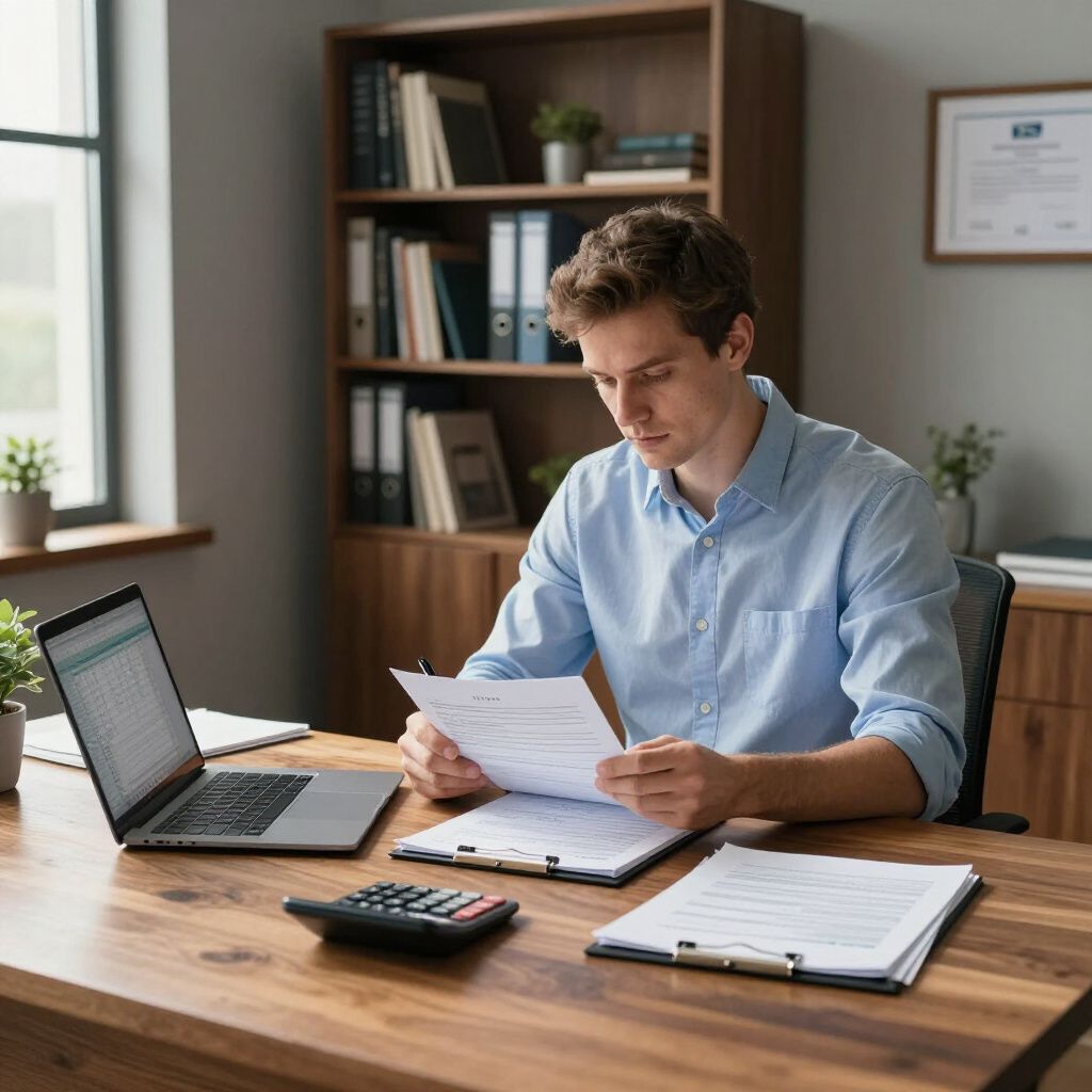 Un homme en chemise bleue examine des documents à un bureau équipé d'un ordinateur portable, d'une calculatrice et de dossiers.