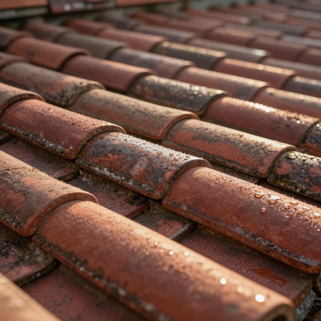 Gros plan sur des tuiles de toit en terre cuite rouge patinées par le temps, certaines avec des gouttelettes d'eau.