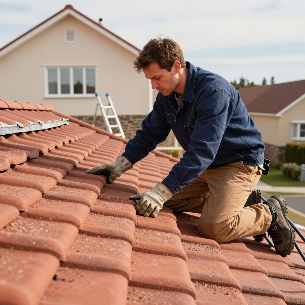Couvreur agenouillé sur un toit de tuiles en terre cuite, portant des gants et inspectant les tuiles ; cadre suburbain, ciel dégagé.