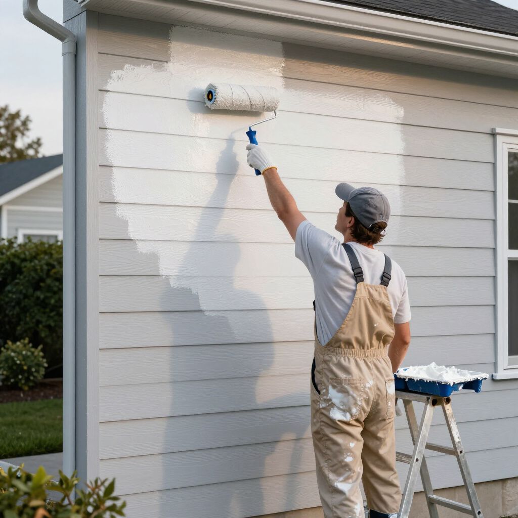 Une personne peint le mur extérieur d'une maison avec un rouleau et un bac à peinture.