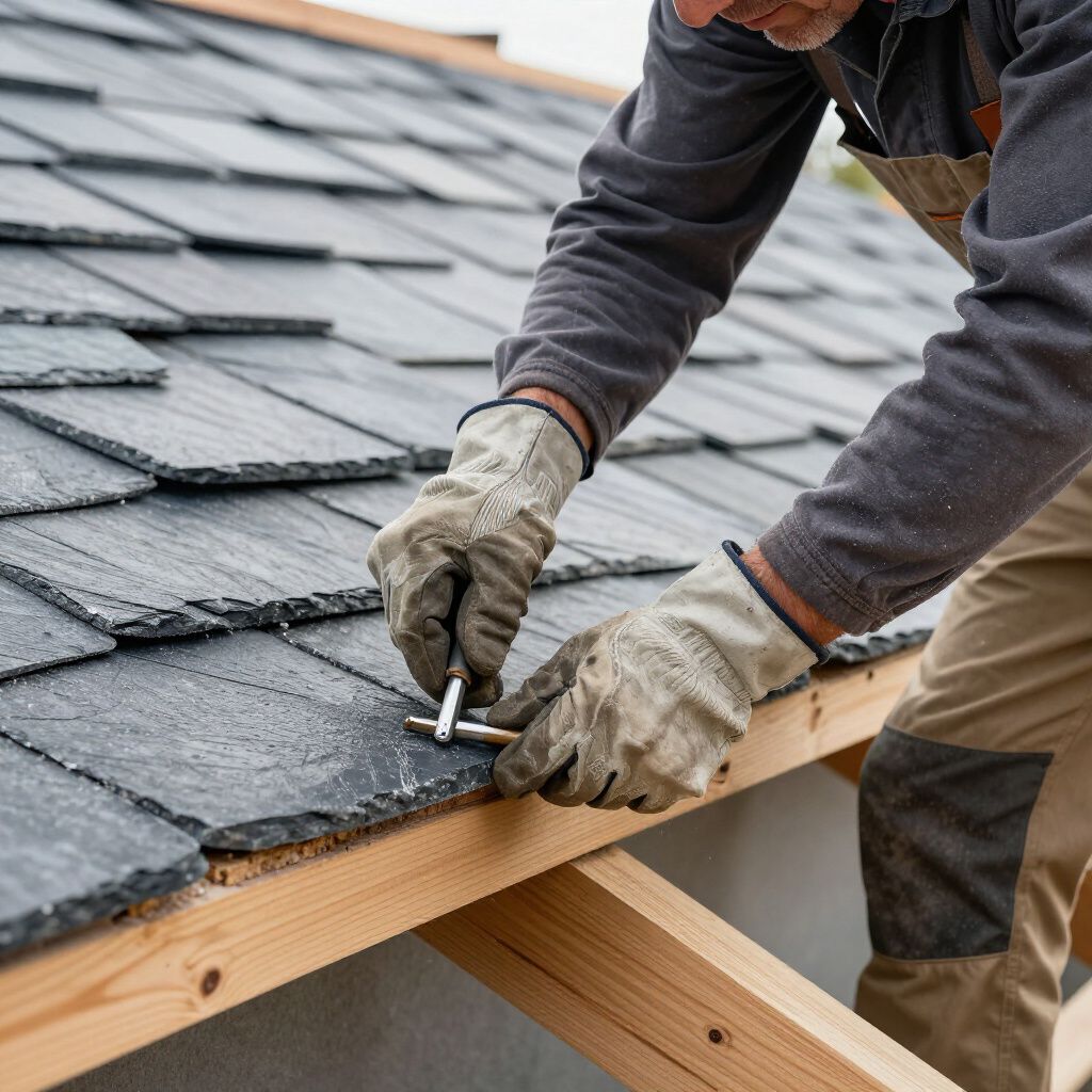Couvreur posant des tuiles d'ardoise sur une charpente de toit en bois, à l'aide de gants et d'un outil.