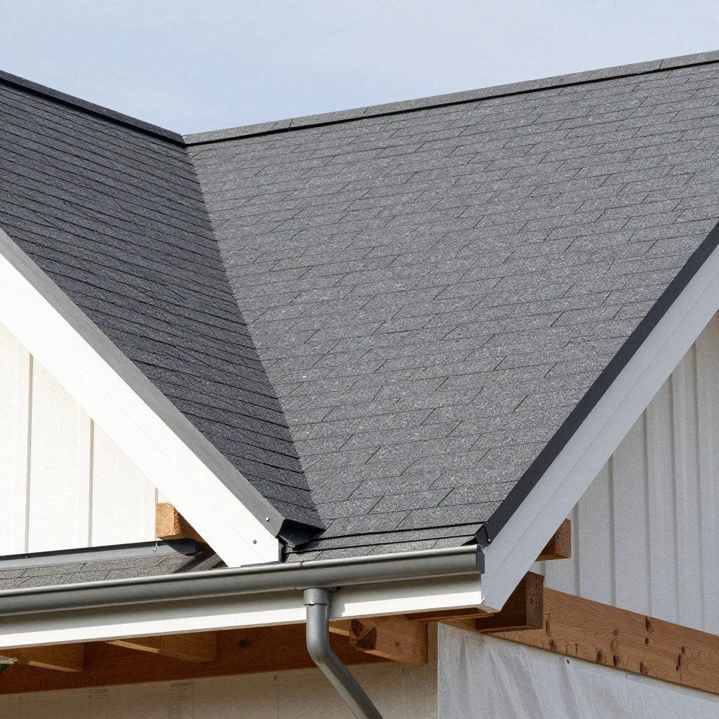 Toit en bardeaux gris avec gouttière grise, rattaché à un bâtiment blanc aux poutres en bois apparentes.