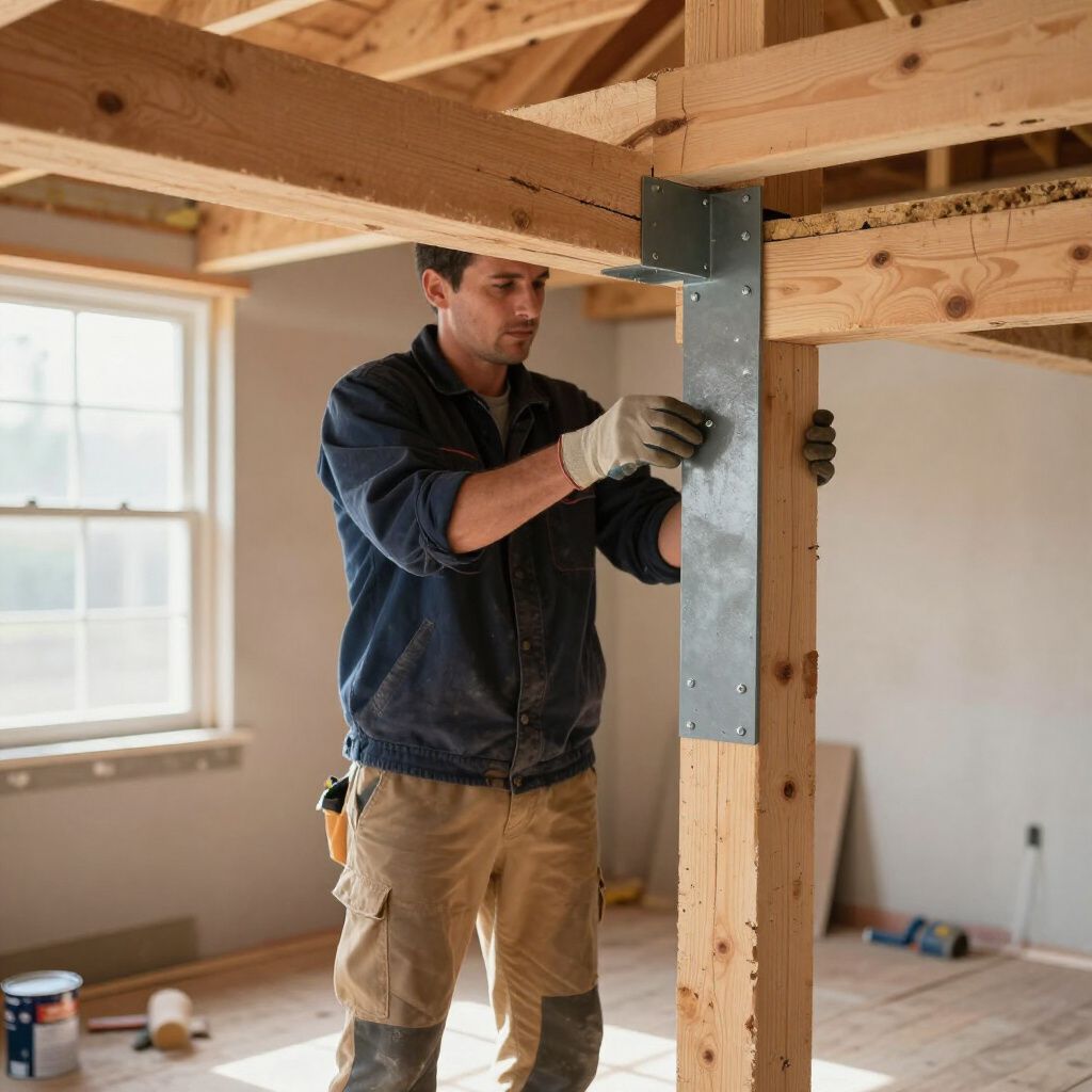 Un homme ganté fixe une équerre métallique à un poteau en bois lors d'un chantier.
