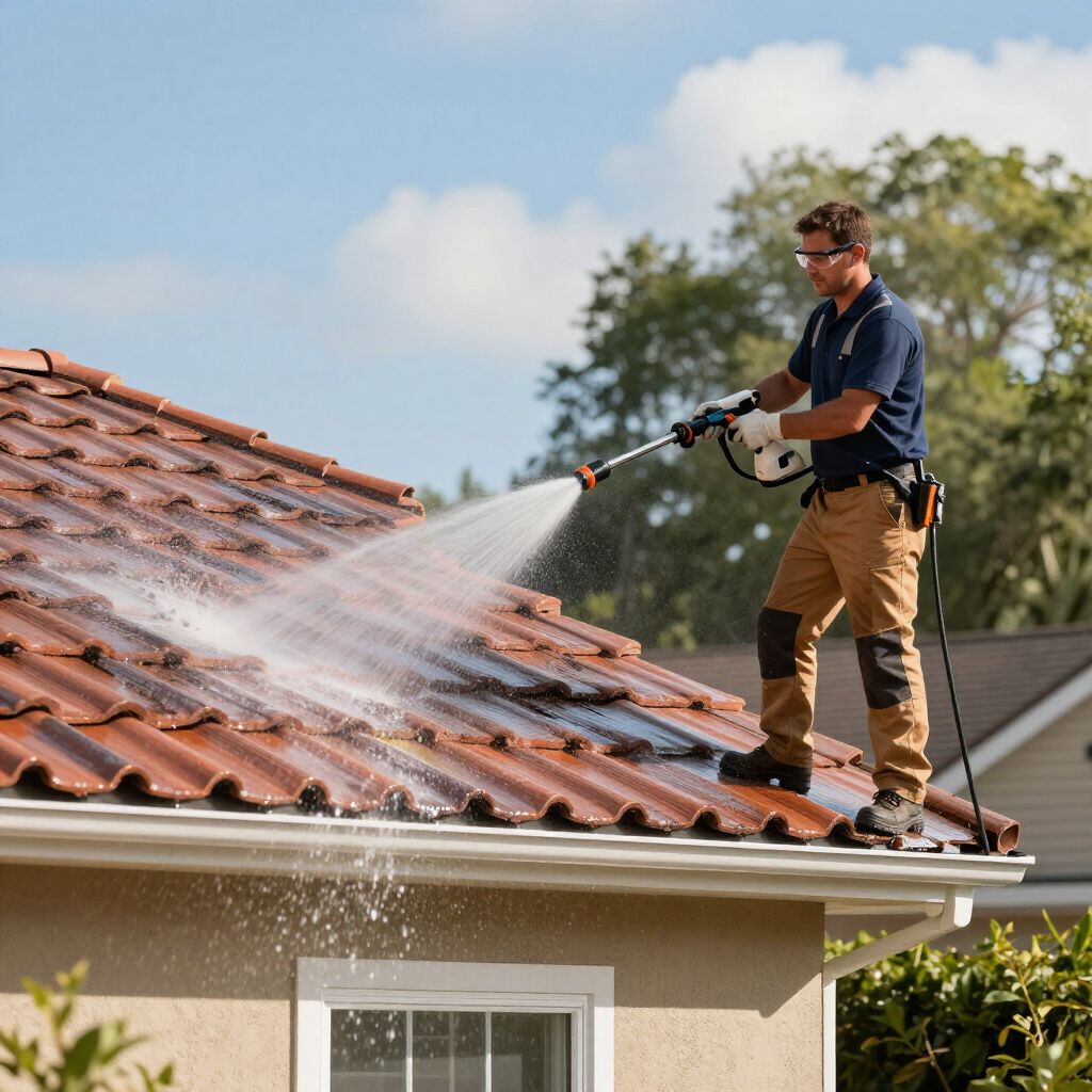Un homme nettoie un toit de tuiles rouges au nettoyeur haute pression, l'eau giclant, par une journée ensoleillée.