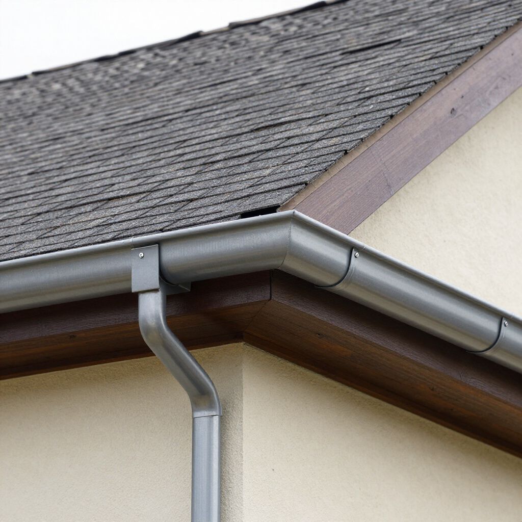 Gouttière et descente pluviale en métal gris sur une maison au toit foncé et au bardage beige.
