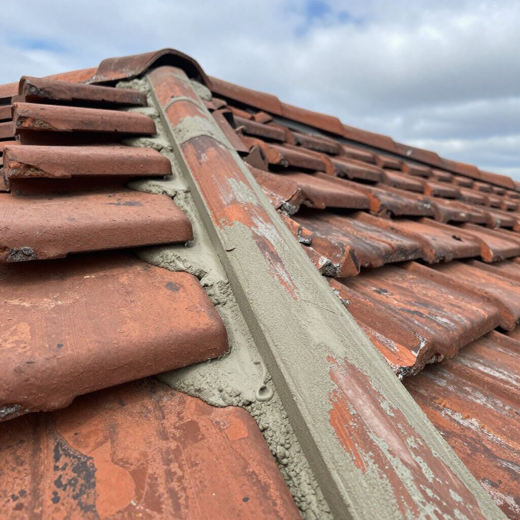Tuiles de terre cuite rouge avec mortier au faîte, sur fond de ciel nuageux.