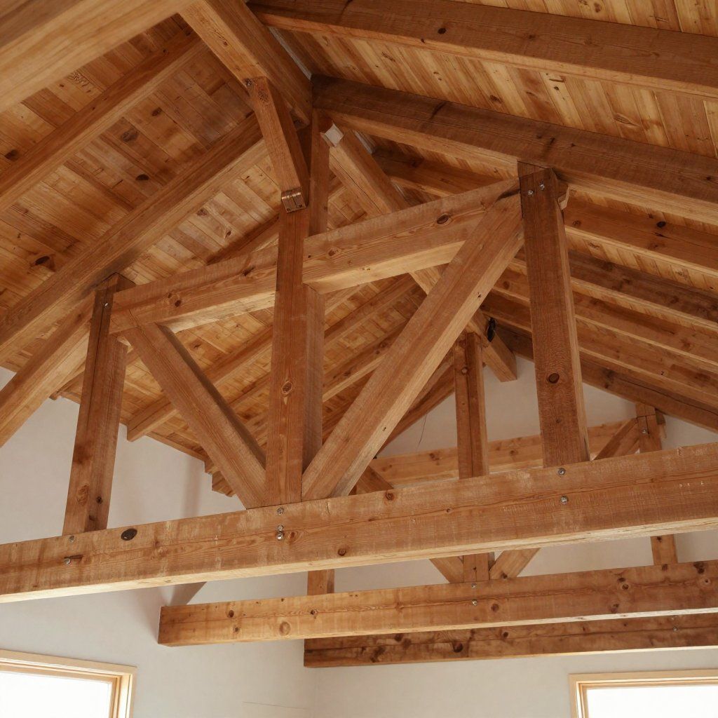 Charpente apparente et poutres de plafond en bois dans une pièce aux murs blancs et baignée de lumière naturelle.