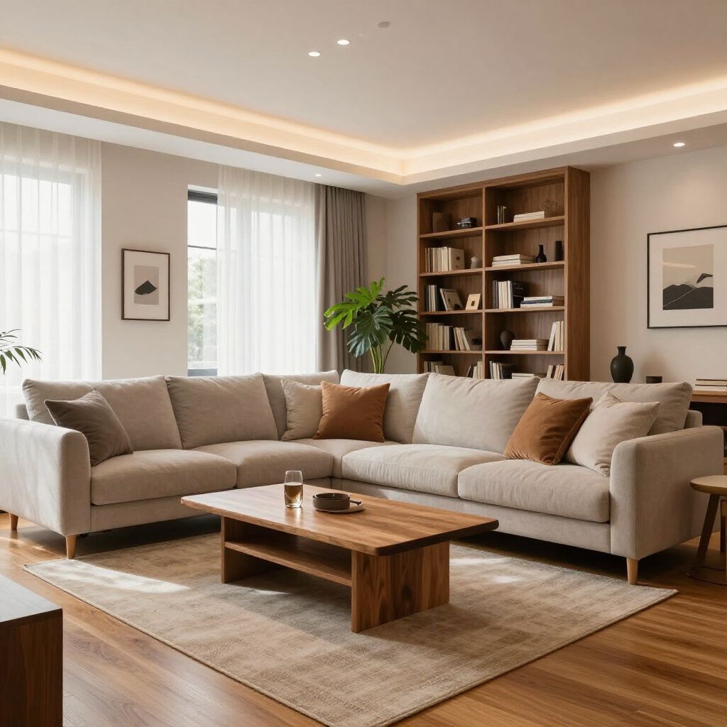 Canapé d'angle beige en forme de L dans un salon avec table basse en bois, bibliothèque et tapis.