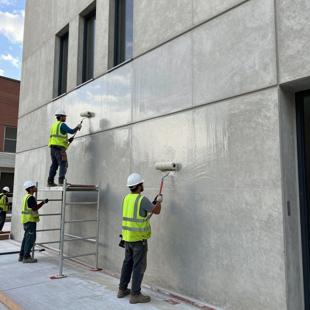 Des ouvriers du bâtiment peignent le mur extérieur du bâtiment au rouleau.