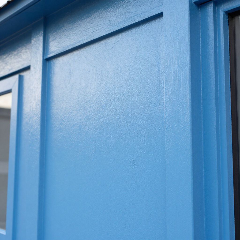 Mur peint en bleu avec des panneaux rectangulaires.