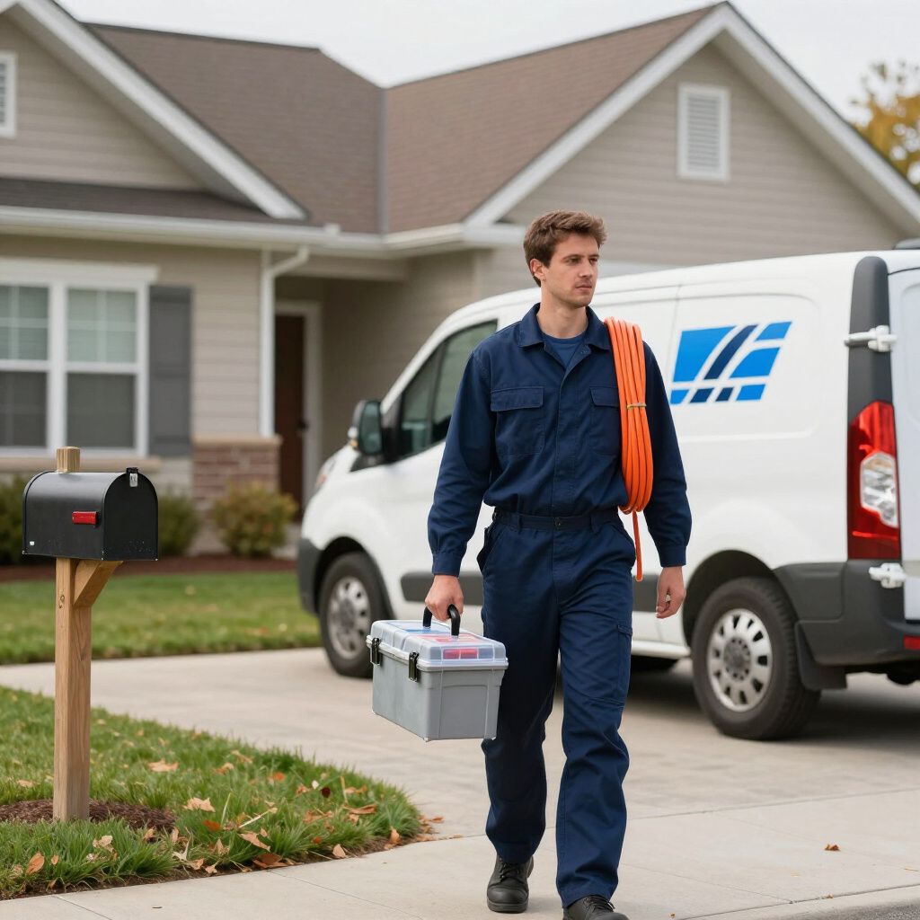 Un électricien en uniforme bleu, portant une boîte à outils et un câble orange, s'approche d'une maison avec une camionnette de service en arrière-plan.