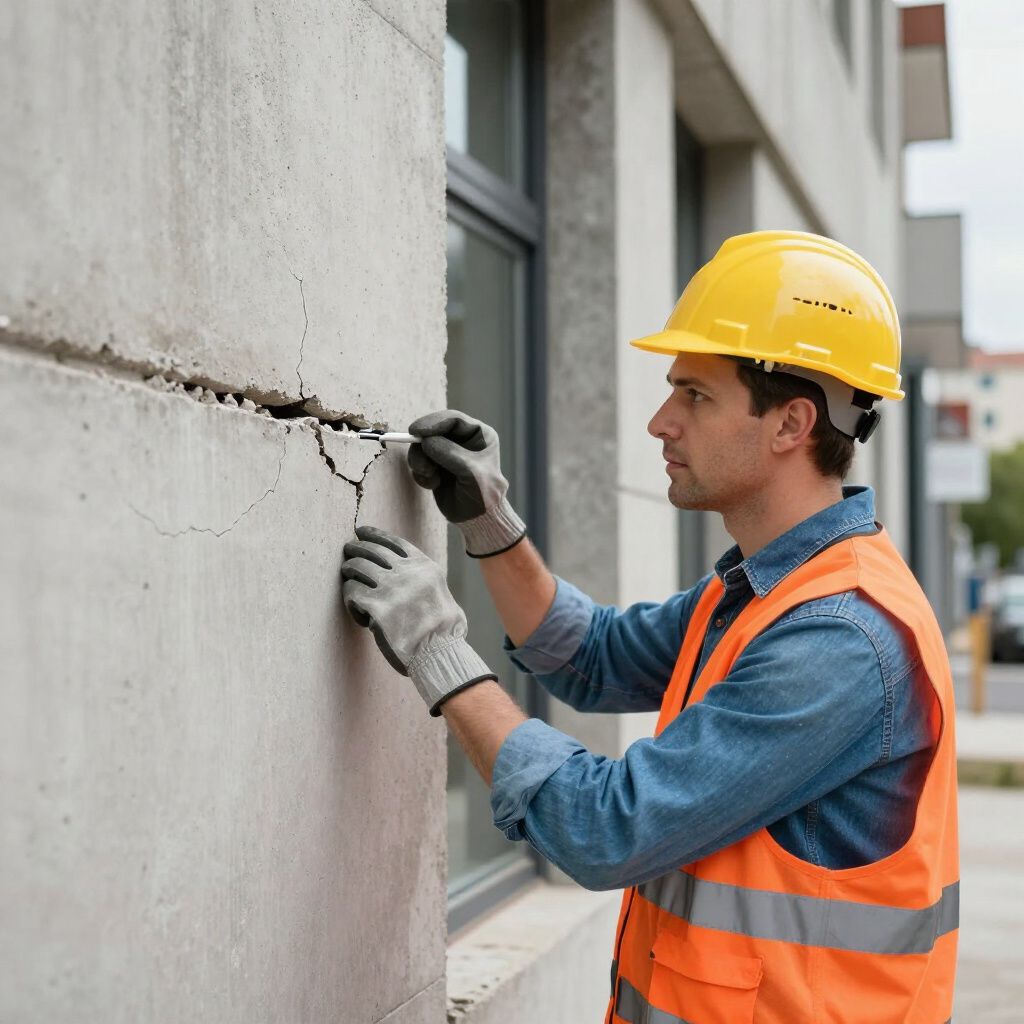 Un ouvrier du bâtiment examine une fissure dans un mur en béton, portant un casque et un gilet de sécurité.