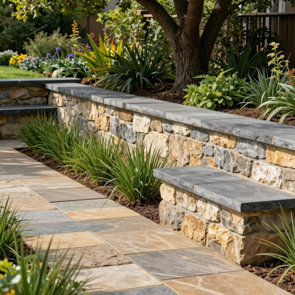 Allée en pierre et mur de soutènement avec banc intégré, végétation luxuriante et arbre dans un jardin ensoleillé.