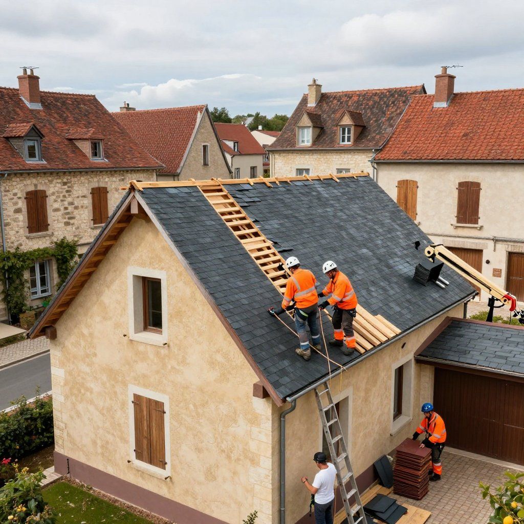 Des couvreurs posent des bardeaux sur le toit d'une maison dans un village. Les ouvriers portent des gilets orange ; l'un utilise une échelle, l'autre est sur le toit.
