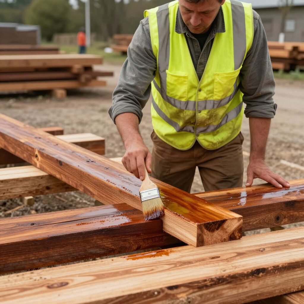 Une personne portant un gilet de sécurité applique du vernis sur une poutre en bois à l'extérieur, près de piles de bois.
