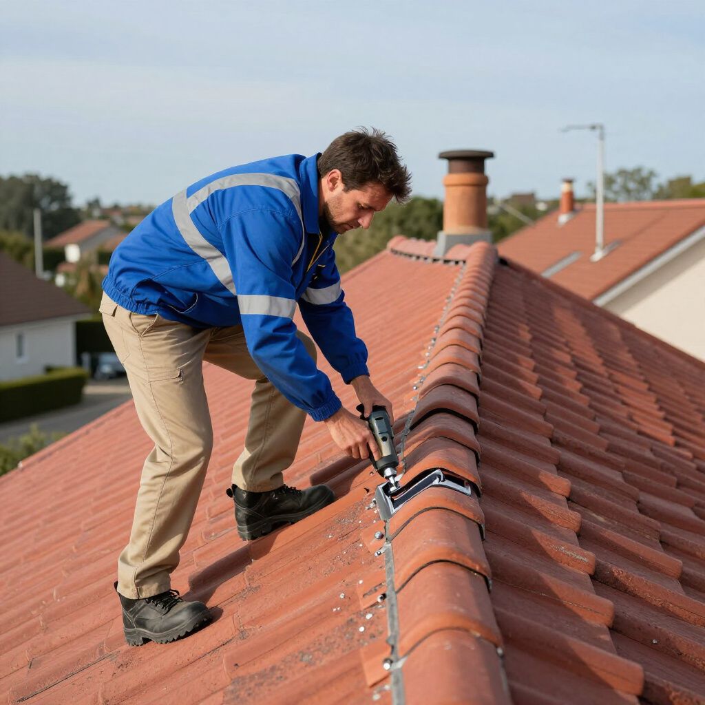 Une personne sur un toit effectue des travaux de calfeutrage le long d'une arête. Elle porte une veste bleue et un pantalon kaki.