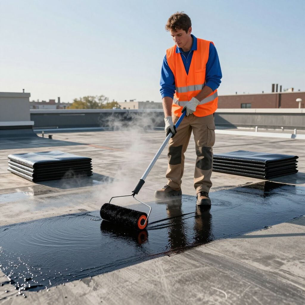 Un homme portant un gilet de sécurité applique du mastic noir sur un toit plat.