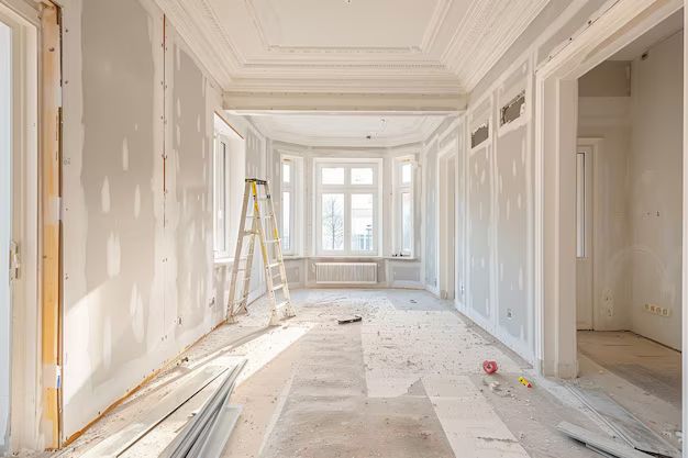 Room under renovation with drywall, a ladder, and debris. Bright daylight through bay windows.