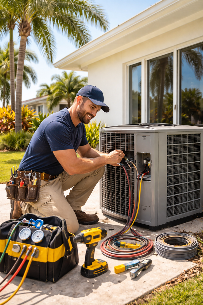A smiling technician repairs an outdoor HVAC unit using gauge hoses and tools on a sunny day.