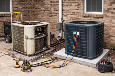 An old, weathered HVAC unit next to a new, dark gray one being installed, connected by colorful service hoses.