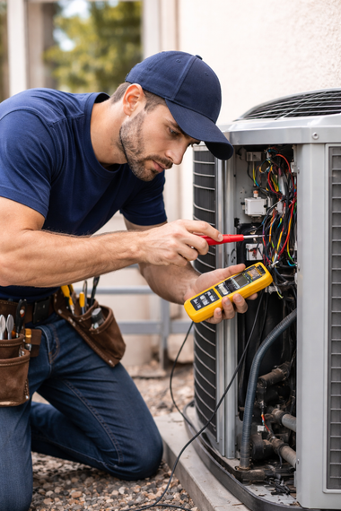 A technician in a navy shirt and cap kneeling to repair an outdoor air conditioning unit with a yellow multimeter.