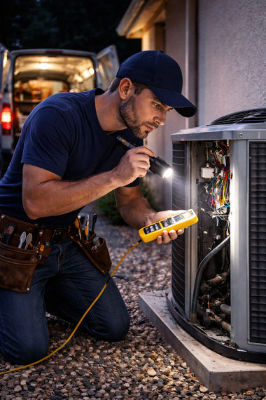 Technician kneeling on gravel, using a flashlight and multimeter to inspect the interior wiring of an outdoor AC unit.