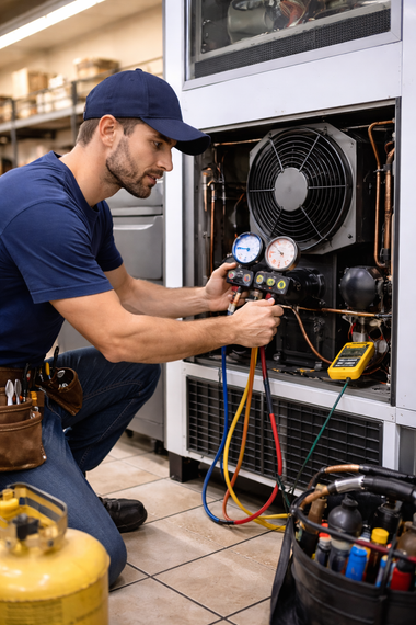 A technician in a blue uniform checks refrigeration unit gauges with hoses and tools in a service environment.