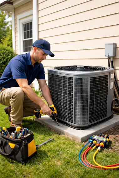 A technician in a blue shirt and cap uses a cordless drill to service an outdoor HVAC unit on a concrete pad.