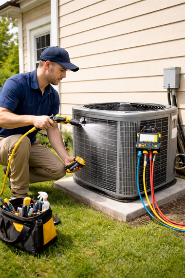 A technician wearing a cap and blue shirt cleans an outdoor residential air conditioning unit with a pressurized hose.
