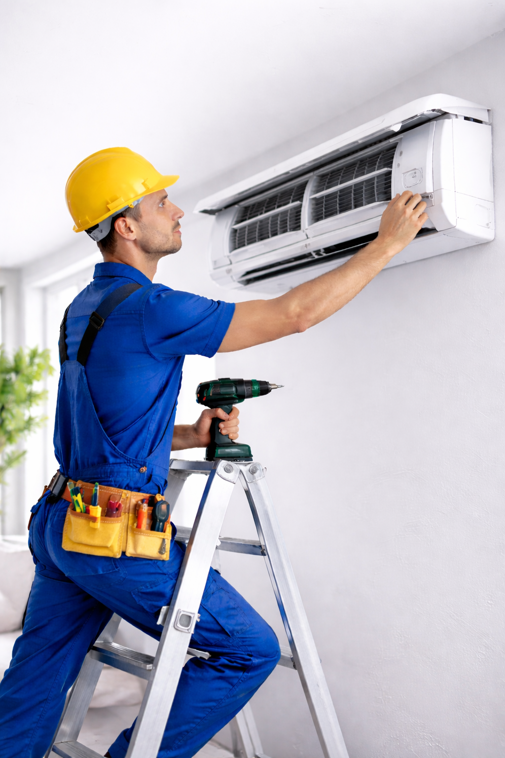 A technician in a blue uniform and yellow hard hat stands on a ladder, using a drill to install a white wall-mounted AC.