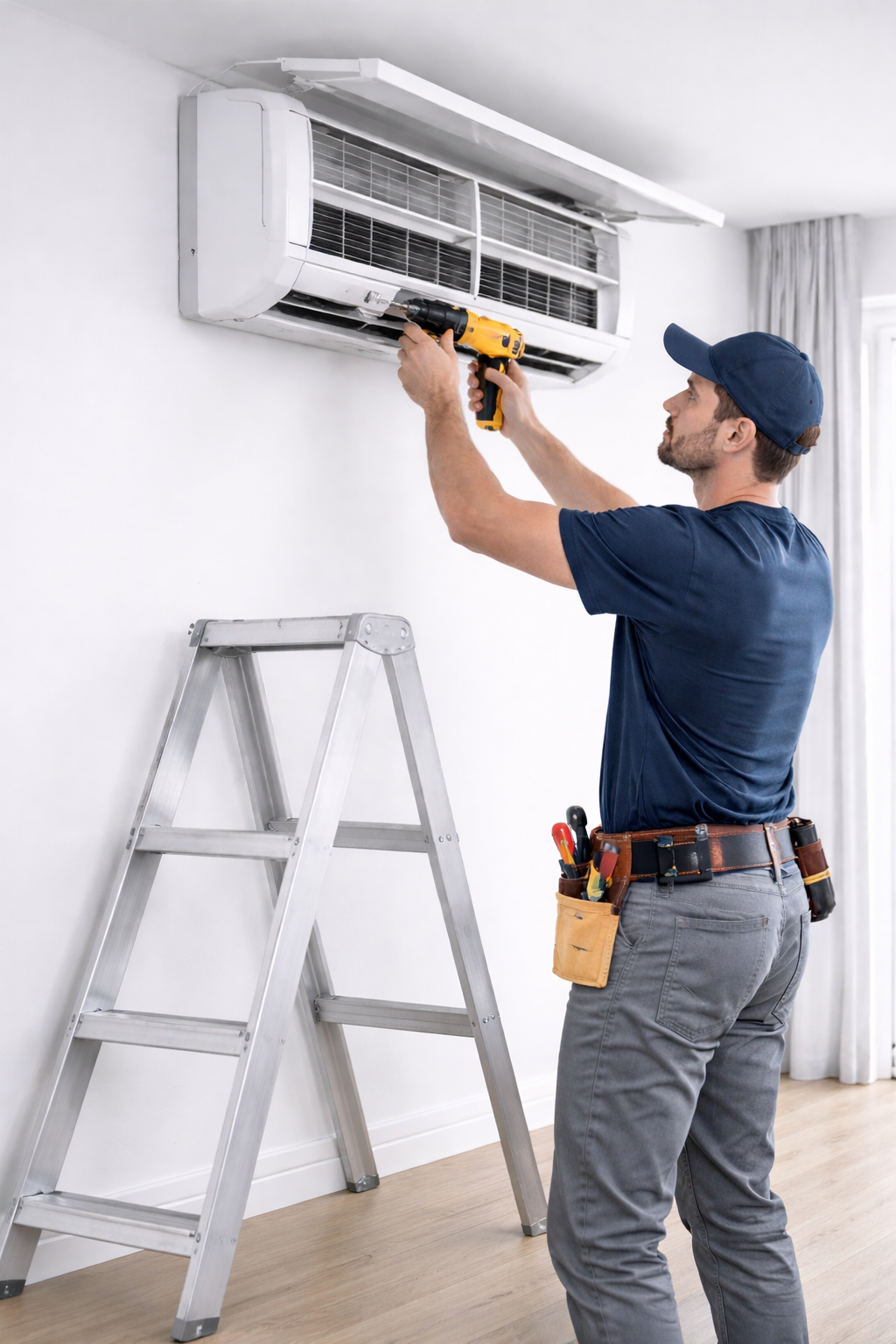 A technician in a blue shirt and cap uses a power drill to install or repair a wall-mounted air conditioner.