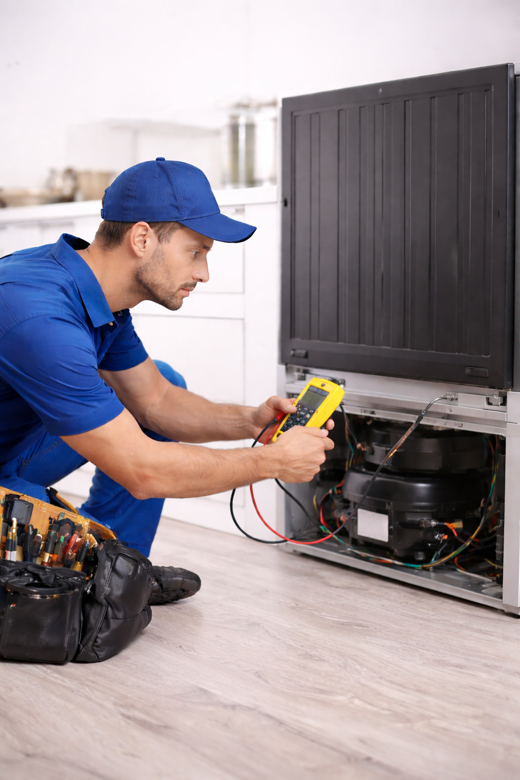 A technician in a blue uniform uses a multimeter to test the electrical components of a refrigerator in a kitchen.
