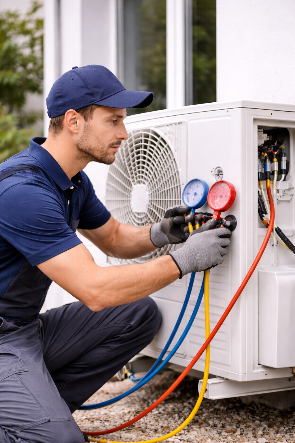 A technician in work clothes and gloves uses a manifold gauge set to service an outdoor air conditioning unit.