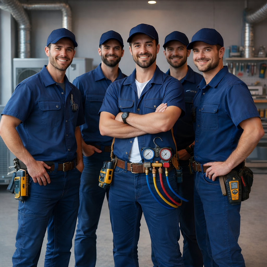 Five smiling technicians in matching navy uniforms stand in a workshop, one holding HVAC pressure gauges.