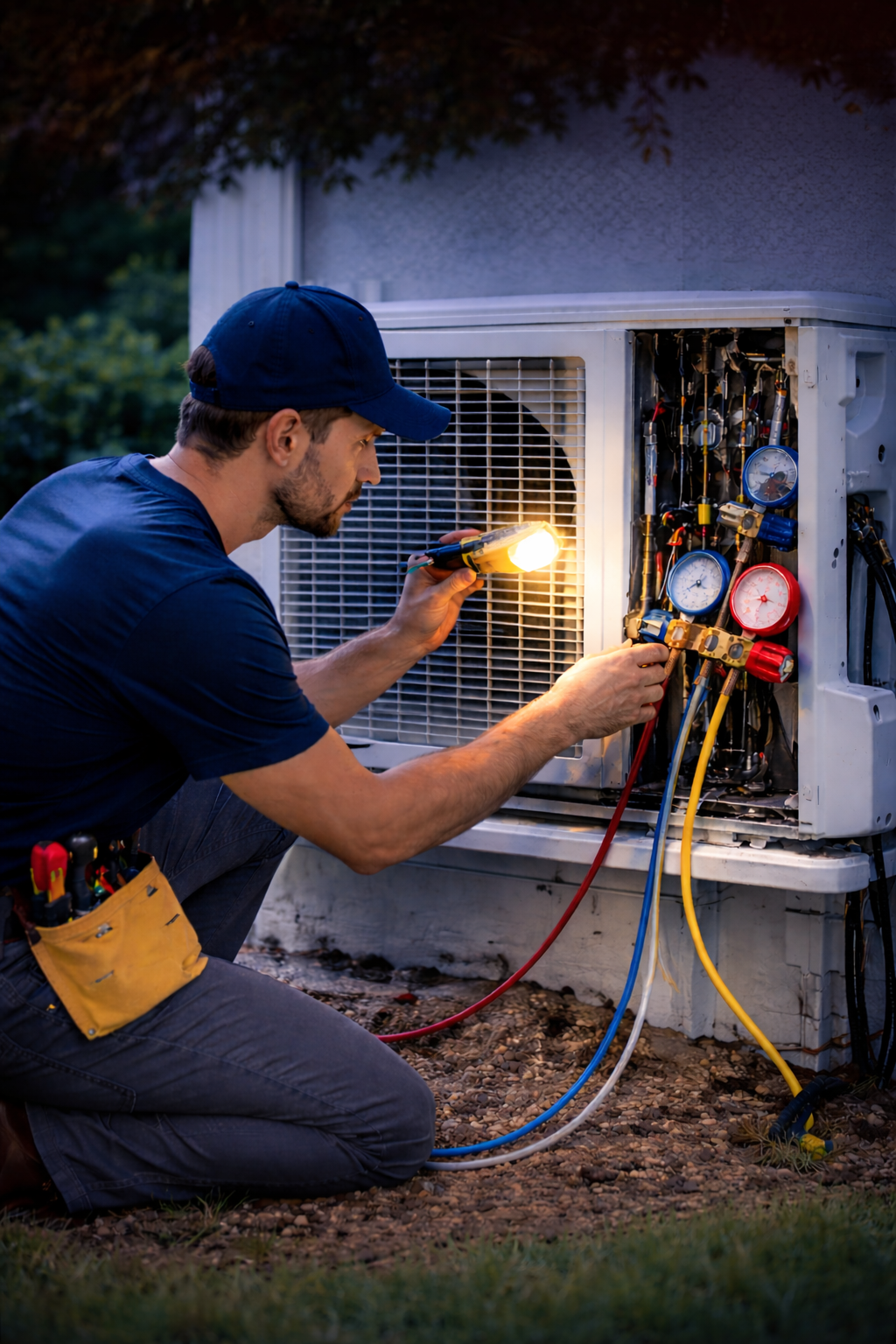 A technician kneels outdoors, using a flashlight to inspect an open air conditioning unit with connected pressure gauges.