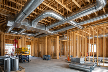 The interior of a building under construction featuring exposed wood framing, metal HVAC ductwork, and equipment.