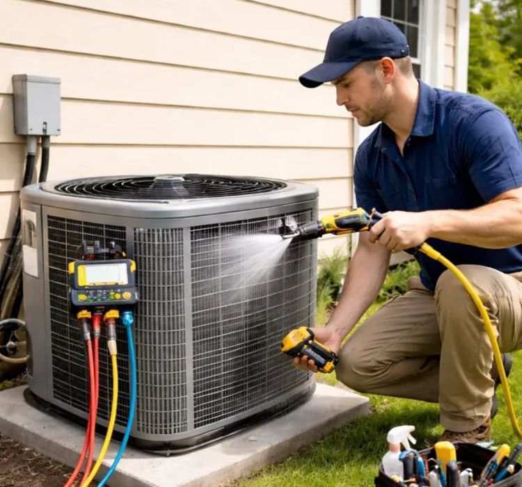 An electrical technician in a hard hat and safety vest marks a circuit breaker with a pen inside a panel.