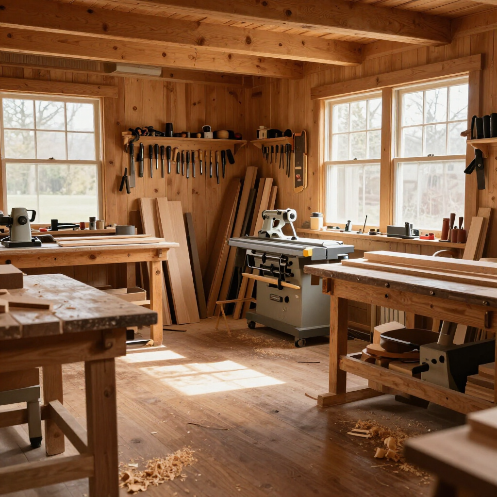 Un taller de carpintería con bancos de trabajo, una sierra de mesa, tablones de madera y diversas herramientas manuales colgadas en las paredes.