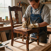 En un taller, una persona vestida con un mono de mezclilla y guantes de trabajo lija el asiento de madera de una silla de estilo antiguo.