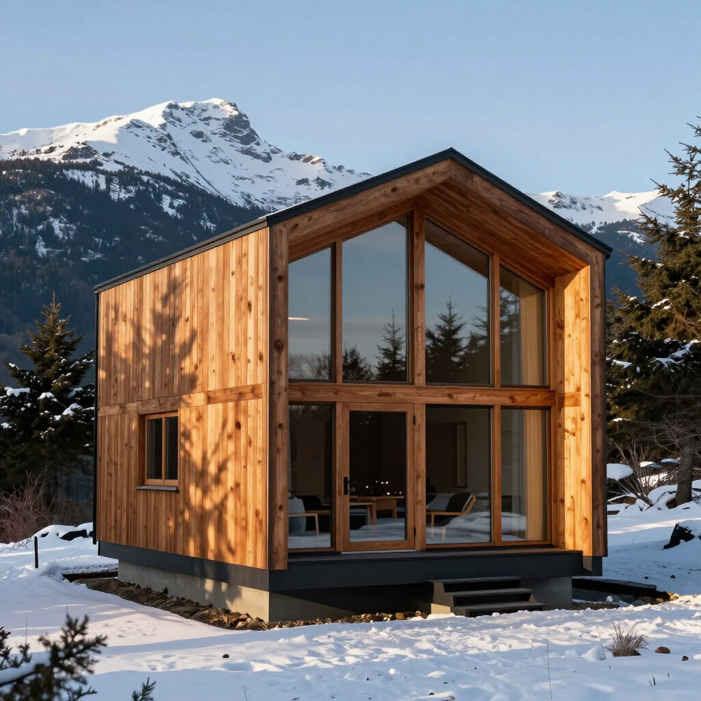 Una moderna cabaña de madera con grandes ventanales que van desde el suelo hasta el techo se alza en un paisaje montañoso nevado.