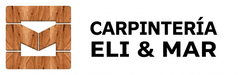 Logotipo de Carpintería ELI&MAR con un icono cuadrado estilizado de madera junto al texto en negrita negro 