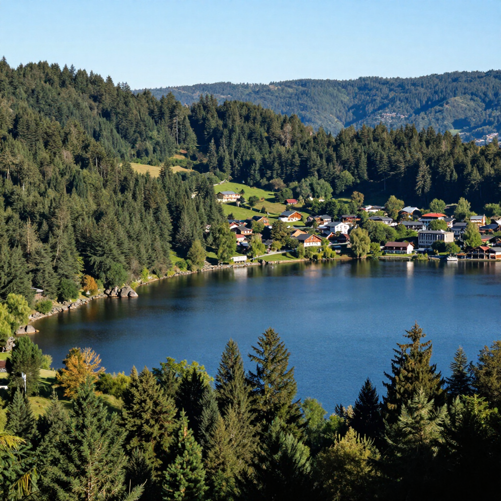 Un tranquilo lago azul enclavado en un valle rodeado de densos bosques de hoja perenne y un pequeño pueblo de casas en la orilla.